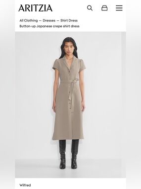 Aritzia Wilfred Nomad Taupe Button-Up Crepe Shirt Dress M Medium NWT